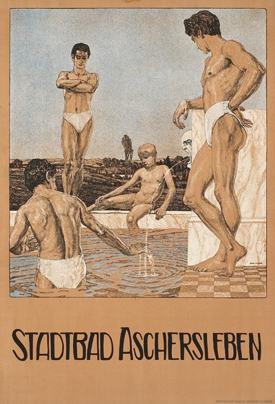 Plakat für ein Schwimmbad in Aschersleben, Deutschland, das Menschen im Wasser und Text über die Einrichtungen des Schwimmbads zeigt.