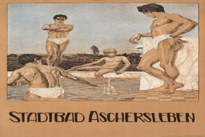Plakat für ein Schwimmbad in Aschersleben, Deutschland, das Menschen im Wasser und Text über die Einrichtungen des Schwimmbads zeigt.