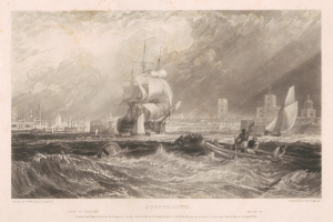 Eine Gravur eines Schiffs im Meer mit Menschen darauf, umgeben von Gebäuden und einem bewölkten Himmel, mit dem Text "Portsmouth, England von Thomas Rowlandson" unten.