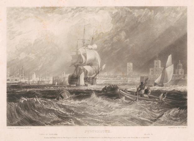 Eine Gravur eines Schiffs im Meer mit Menschen darauf, umgeben von Gebäuden und einem bewölkten Himmel, mit dem Text "Portsmouth, England von Thomas Rowlandson" unten.