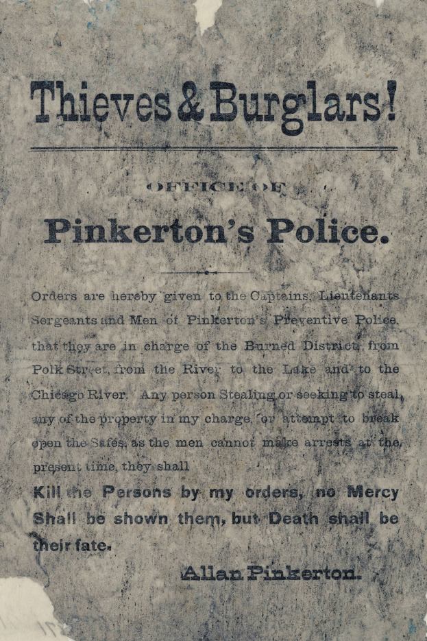 Plakat mit fetter schwarzer Schrift "Diebe & Einbrecher Pinkerton's Police" auf weißem Hintergrund, umrahmt von einem dünnen schwarzen Rand.
