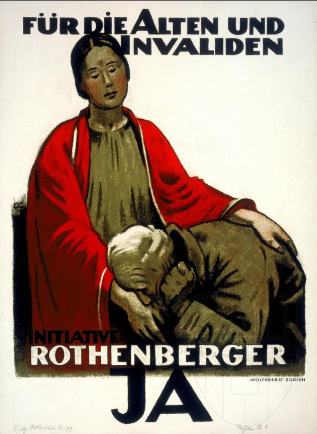 Eine Frau mit einem Baby, mit deutschem Propagandaplakattext über die Initiative Rothenberger JA im Hintergrund.