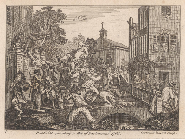 Eine Schwarz-Weiß-Radierung einer Gruppe von Menschen in einer Stadt mit Gebäuden, Bäumen und einem Himmel im Hintergrund, mit Text unten, der 'Das Gesetz von 1706' lautet.