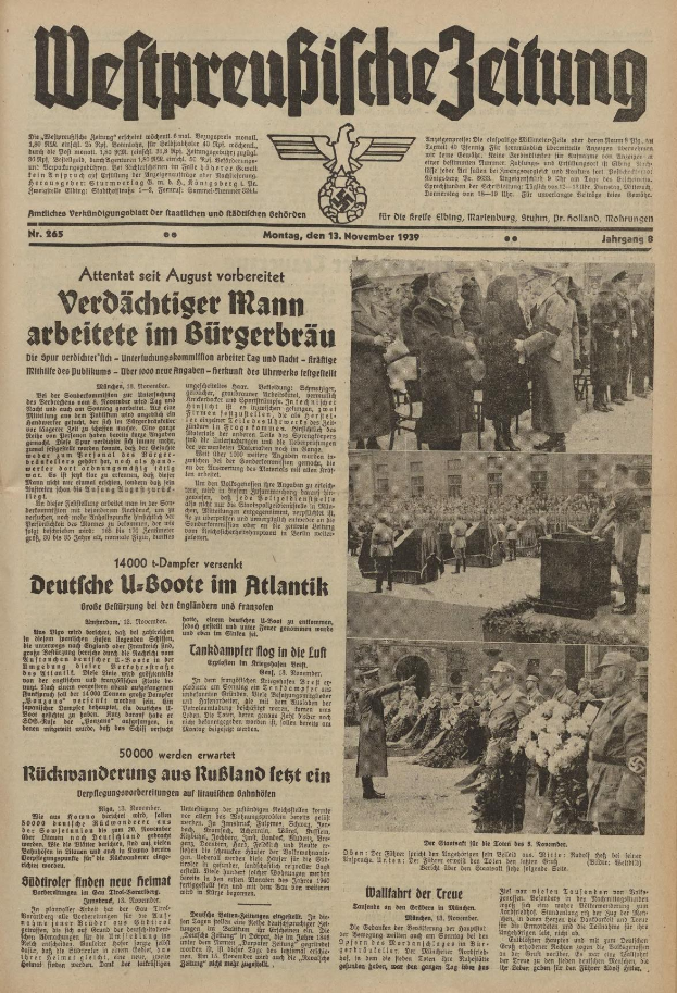Titelseite einer deutschen Zeitung vom 13. November 1939, betitelt "Weitpreubliche Zeitung", mit einem Gruppenbild von Menschen in traditioneller deutscher Kleidung in einer feierlichen Atmosphäre.