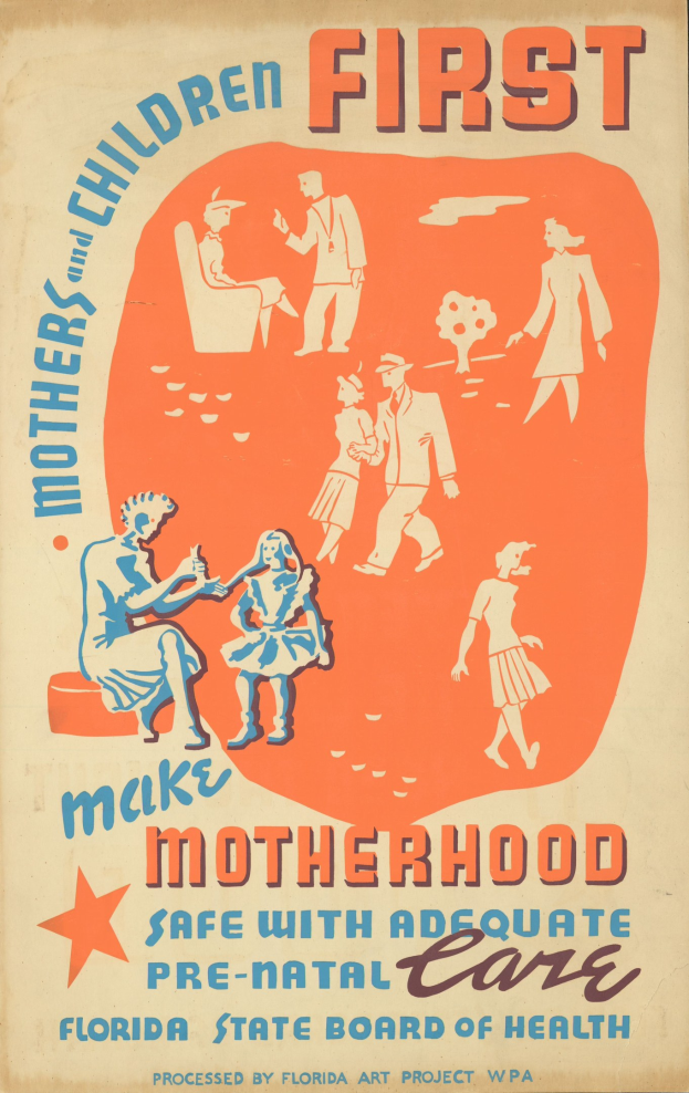 Plakat mit der Überschrift "Mutterschaft durch adäquate Vorsorge sicher machen" auf hellem Blau, mit verschiedenen lächelnden Menschen und fetter weißer Schrift.