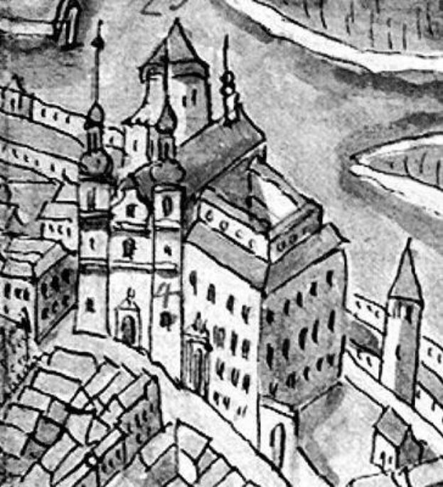 Schwarze und weiße Illustration von Český Krumlov, Tschechoslowakei, mit einem zentralen Schloss umgeben von Gebäuden und Bäumen, mit der Bildunterschrift "Tschechoslowakei - die Stadt von Český Krumlov" unten.