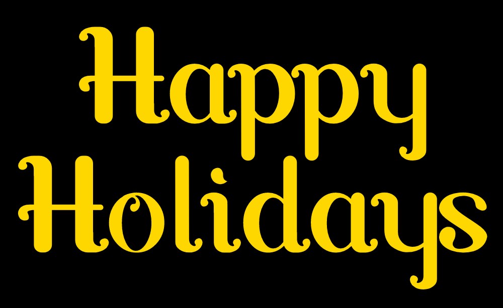 Gelber "Frohe Festtage"-Text auf einem weißen Hintergrund.