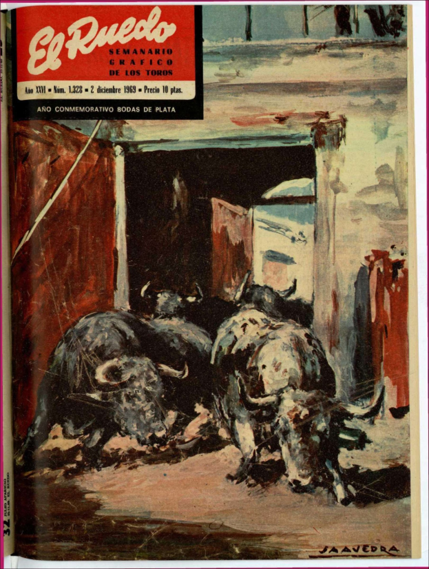 Buchumschlag mit einem Gemälde eines Stiers in einem Stall, mit einigen Tieren im Vordergrund, einer Wand und einer Tür im Hintergrund und Text oben.