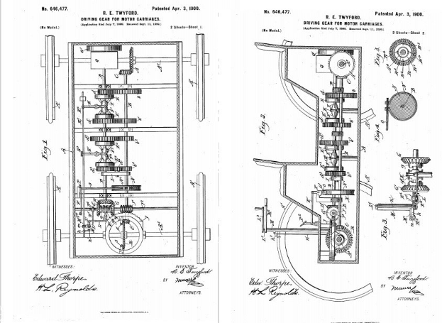Schwarzes und weißes technisches Zeichnen eines mit vielen Zahnrädern gefüllten frühen Automobils patent auf weißem Papier mit handgeschriebenen Anmerkungen.