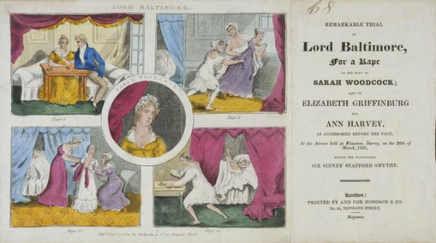 Eine historische Illustration, die einen Prozess von Lord Baltimore zeigt, mit einem Dokument, das Porträts, Vorhänge und Text enthält.