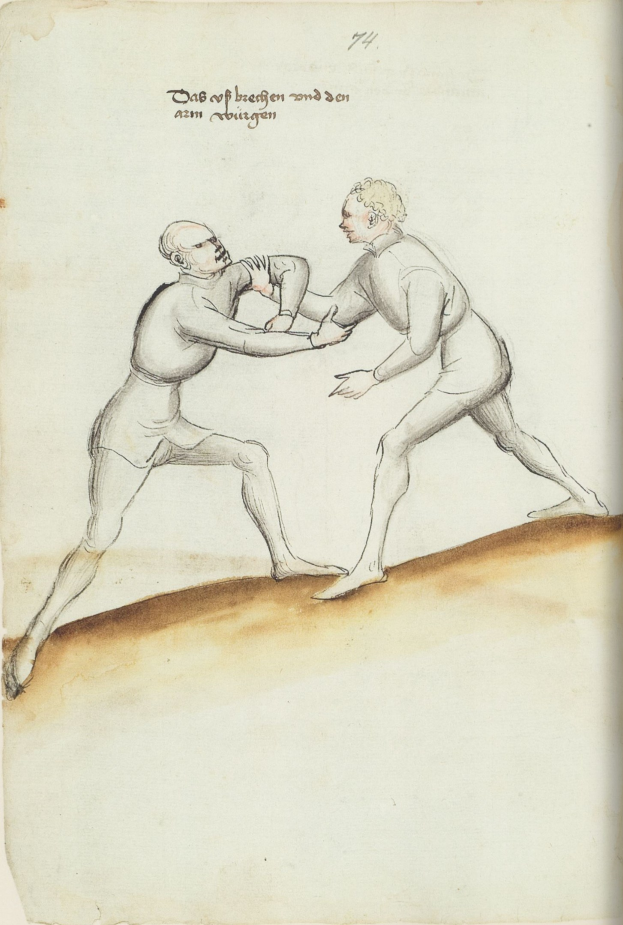 Zwei Männer kämpfen, wobei einer auf den anderen einwirft, auf einem Blatt Papier mit Text, der die Szene beschreibt.