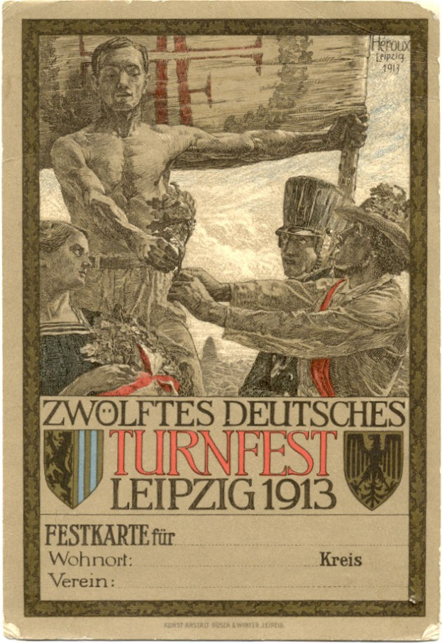 Plakat für das Zwölfte Deutsche Turnfest Leipzig 1913, das eine Gruppe von Menschen in der Mitte mit Text zeigt, der die Ereignisinformationen enthält.