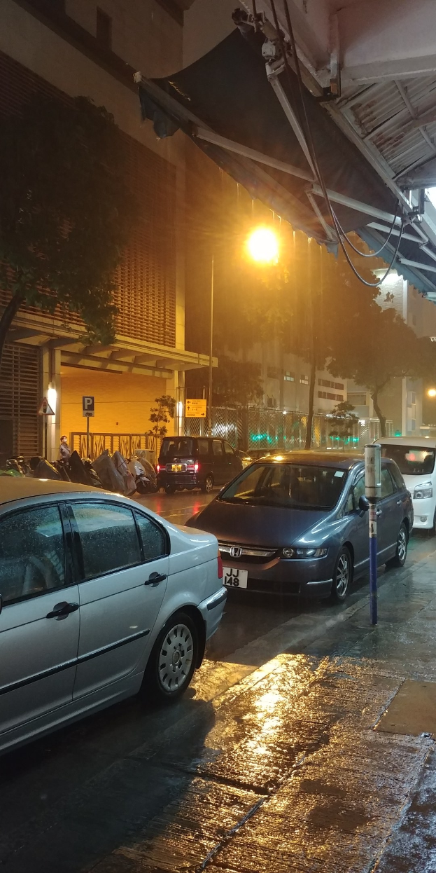 Eine nächtliche Straßenansicht mit parkenden Autos, beleuchtet von Straßenlaternen, mit einem Van in der Nähe und Gebäuden und Bäumen im Hintergrund.