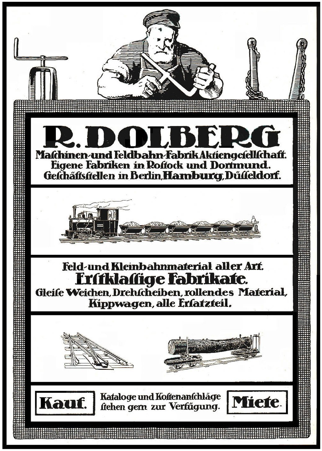 Werbung für die Fabrik von R.D. Dolberg in Hamburg, Deutschland, mit einem Plakat mit Text und Bildern von einer Person, einem Zug und anderen Gegenständen.