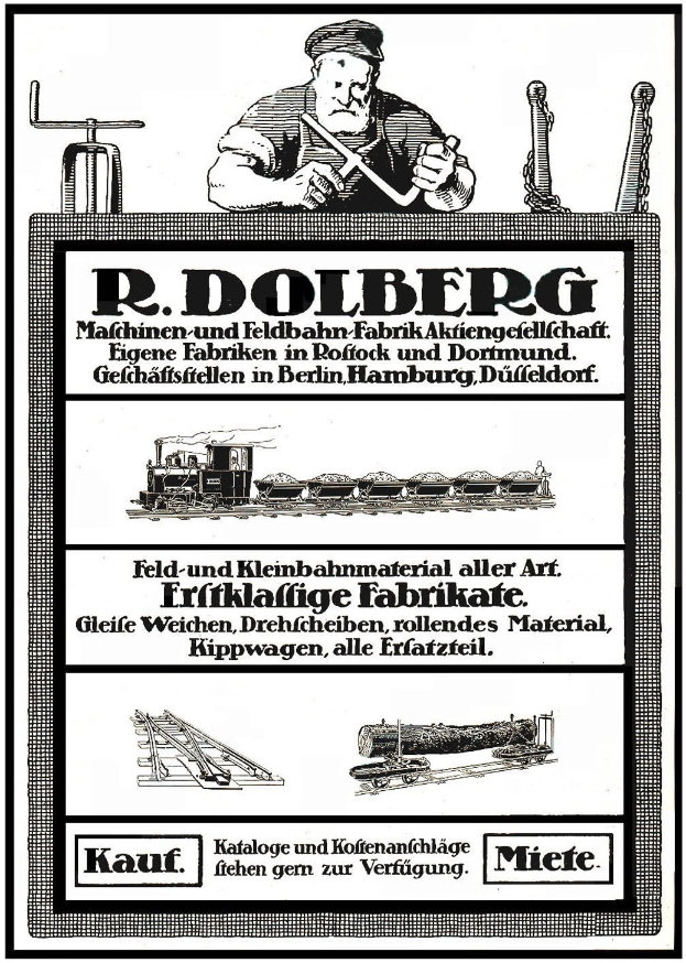 Werbung für die Fabrik von R.D. Dolberg in Hamburg, Deutschland, mit einem Plakat mit Text und Bildern von einer Person, einem Zug und anderen Gegenständen.