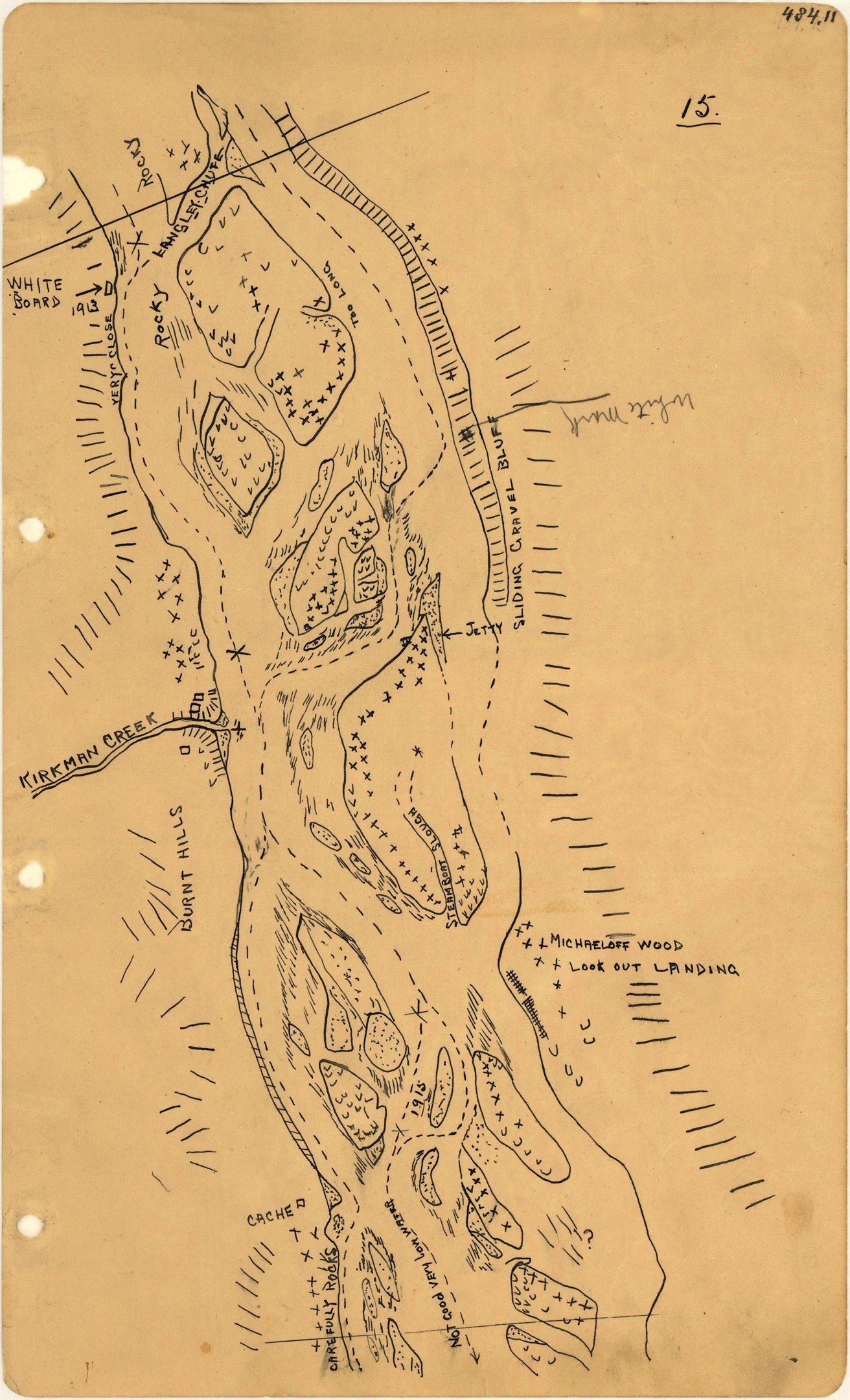 Ein detaillierter alter Stadtplan auf altem Papier mit handgeschriebenem Text, der Straßen, Gebäude, Parks und Sehenswürdigkeiten kennzeichnet.