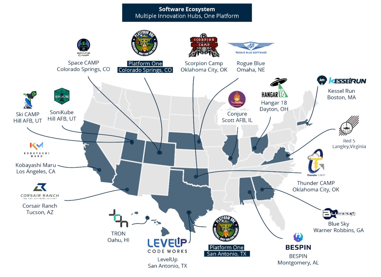 Eine Karte der Vereinigten Staaten mit Unternehmenslogos und Text, der die Standorte des Software-Ökosystems angibt.