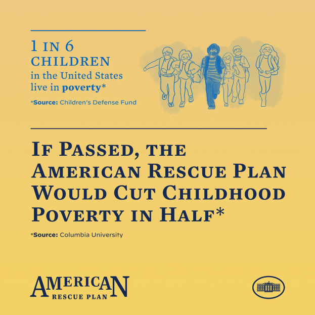 Plakat für den American Rescue Plan mit Text, der besagt, dass er die Kinderarmut in der Hälfte reduzieren würde, und einem Bild einer vielfältigen Gruppe von Menschen.