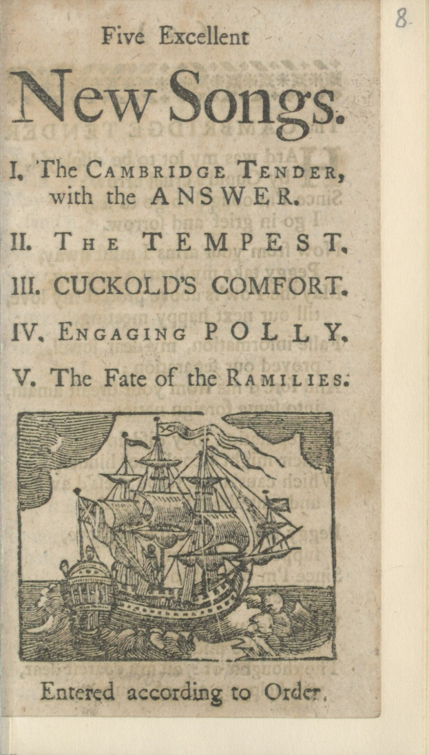 Ein Vintage-Buchumschlag mit einer Schiffillustration und dem Titel "Fünf ausgezeichnete neue Songs" vor einem blauen Himmel mit Wolken.