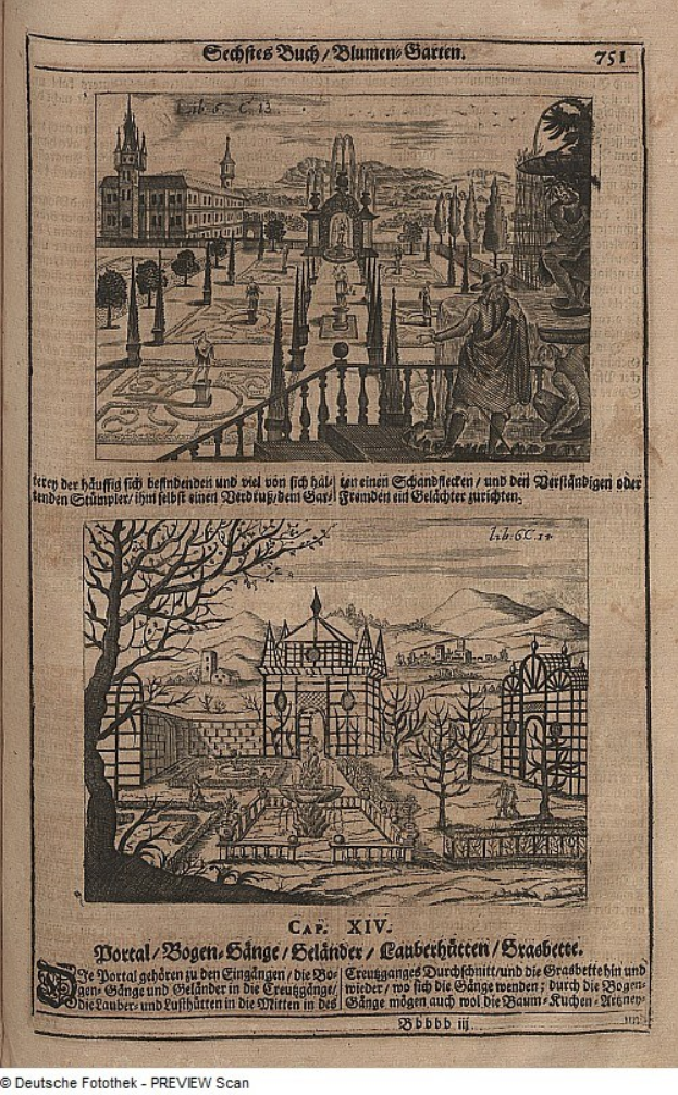 Offenes Buch mit detaillierter Stadtansicht auf seinen Seiten, begleitet von Text und zusätzlichen Bildern.