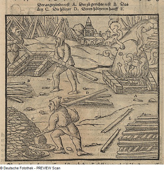 Eine Gravur von zwei Männern, die in einem Kohlebergwerk arbeiten, wobei einer ein Objekt hält, mit begleitendem Text.