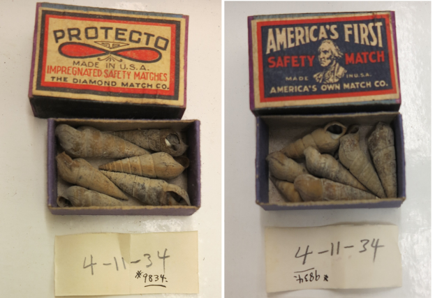 Zwei Streichholzschachteln mit der Aufschrift 'Protecto' und 'Amerikas erste Sicherheitsstreichholzschachtel' auf einem Tisch, mit nummerierten Papieren darunter.