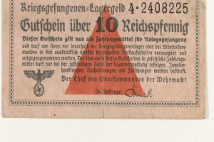 Alte deutsche 10 Reichspfennig-Banknote mit rotem Dreieck, Text und Logo auf weißem Hintergrund