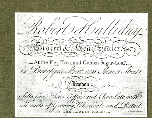Papierbeleg mit dem Text "Robert Halliday Grocer & Tea Dealer" obenauf gedruckt.