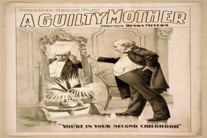 Ein Plakat, das einen Mann zeigt, der vor einem Spiegel mit einem Stuhl und einer Pflanze im Hintergrund steht, mit der Aufschrift "Eine schuldige Mutter - Du bist in deiner zweiten Kindheit."