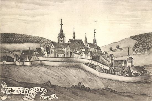 Eine Schwarz-Weiß-Zeichnung einer Stadt mit einem zentralen Schloss, umgeben von Häusern, Bäumen, Hügeln und Himmel, mit der Aufschrift 'Bayerisch' unten.