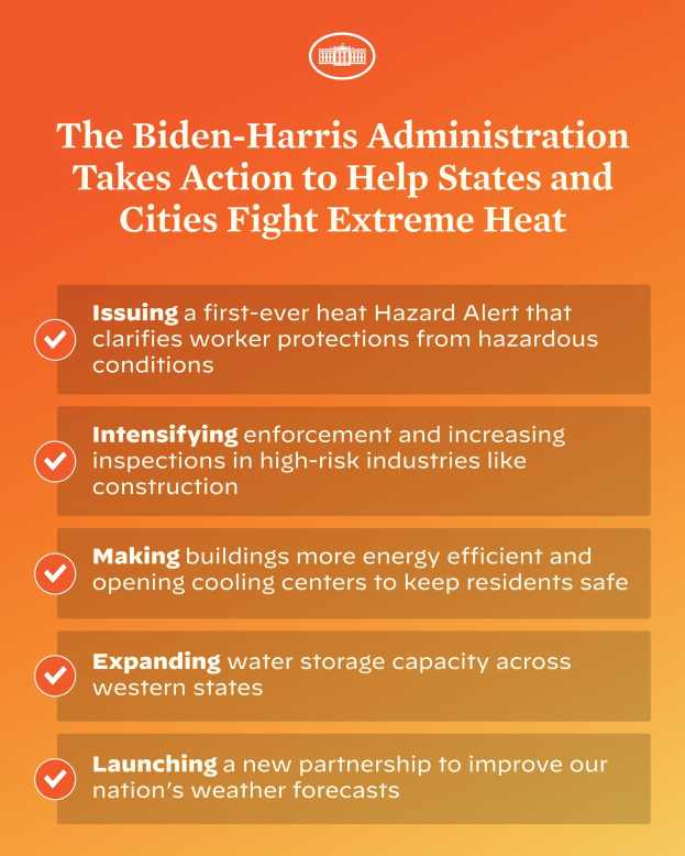 Plakat mit der Aufschrift "Die Biden-Harris-Regierung ergreift Maßnahmen, um den Staaten und Städten beim Kampf gegen extreme Hitze zu helfen" mit einem roten und weißen Schild-Design mit einem Blitz, eingerahmt von einem gelben Rand auf einem weißen Hintergrund.