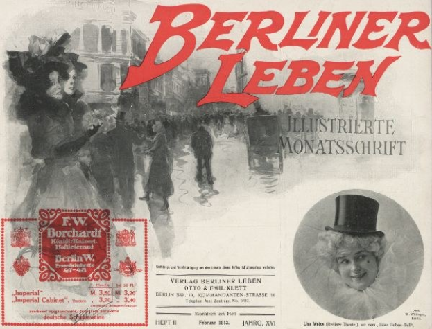 Werbeplakat für das Berliner Leben Theater mit einer Frau in einem Zylinder und einem Mann in einem Anzug, Text, einem Stempel, Menschen und Gebäuden im Hintergrund.