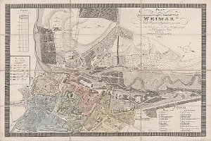 Ein detaillierter alter Stadtplan von Weimar, Deutschland, der Straßen, Gebäude und Sehenswürdigkeiten zeigt, begleitet von Texten über die Bevölkerung und Merkmale der Stadt.