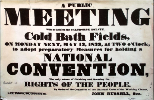 Schwarzer und weißer Plakataufruf für eine öffentliche Versammlung mit dem Titel "Kaltes Badfeld, Nationalkonvent, Rechte des Volkes."