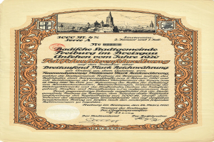 Altes deutsches Aktienzertifikat mit einer Stadtansicht und bedrucktem Text, der wahrscheinlich dessen Herkunft beschreibt.