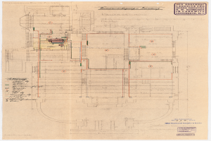 Ein detaillierter architektonischer Entwurf des Rosenhof-Krankenhauses in Hamburg, Deutschland, mit einem Gebäude mit zahlreichen Drähten und Text, der den Aufbau detailliert, einschließlich Räumen, Fluren und anderen Merkmalen.