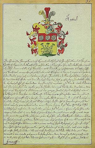 Historisches Dokument aus dem Jahr 1792 mit einem deutschen Familienwappen, unterzeichnetem Text und einem Logo.