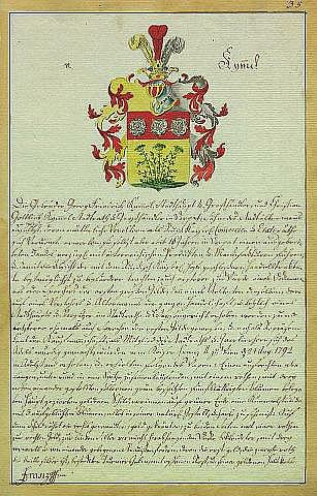 Historisches Dokument aus dem Jahr 1792 mit einem deutschen Familienwappen, unterzeichnetem Text und einem Logo.