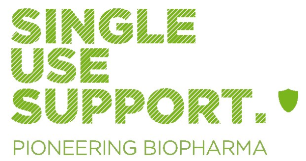 Weißer Hintergrund mit fettem grünem Text, der "single use support pioneering biopharma" liest.