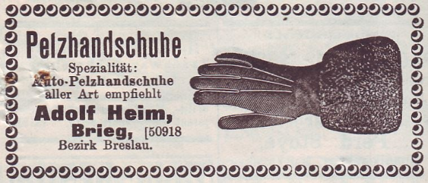 Alte deutsche Visitenkarte mit einem Bild von einem Handschuhpaar und gedrucktem Text.